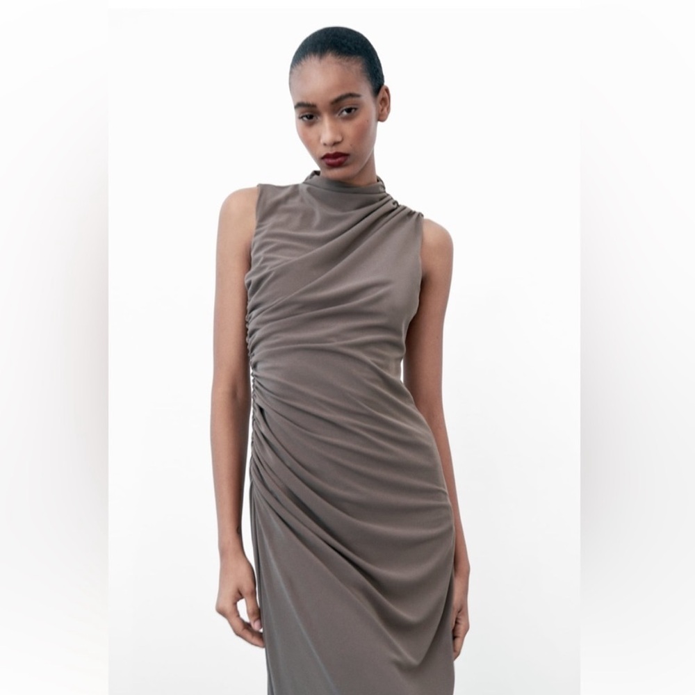 Zara Draped Midi Dress Silky Dark Mink Size Medium